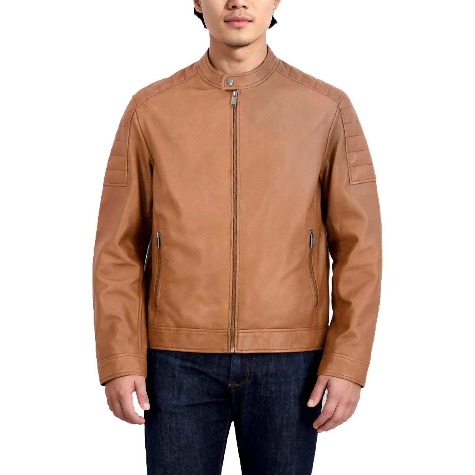 COLE HAAN COLE HAAN MENS GENUINE LAMBSKIN LEATHER JACKET - THIN LIGHTWEIGHT SPRING CAMEL