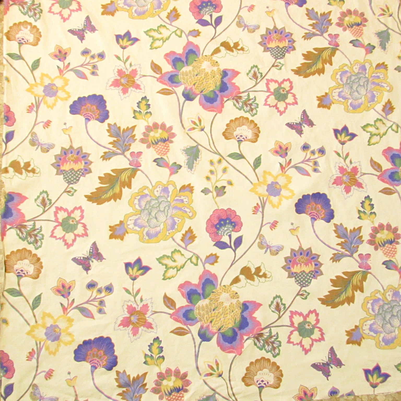 90s Vintage Fabric Retro Floral Home Decor Cream Purple Pink Yardage