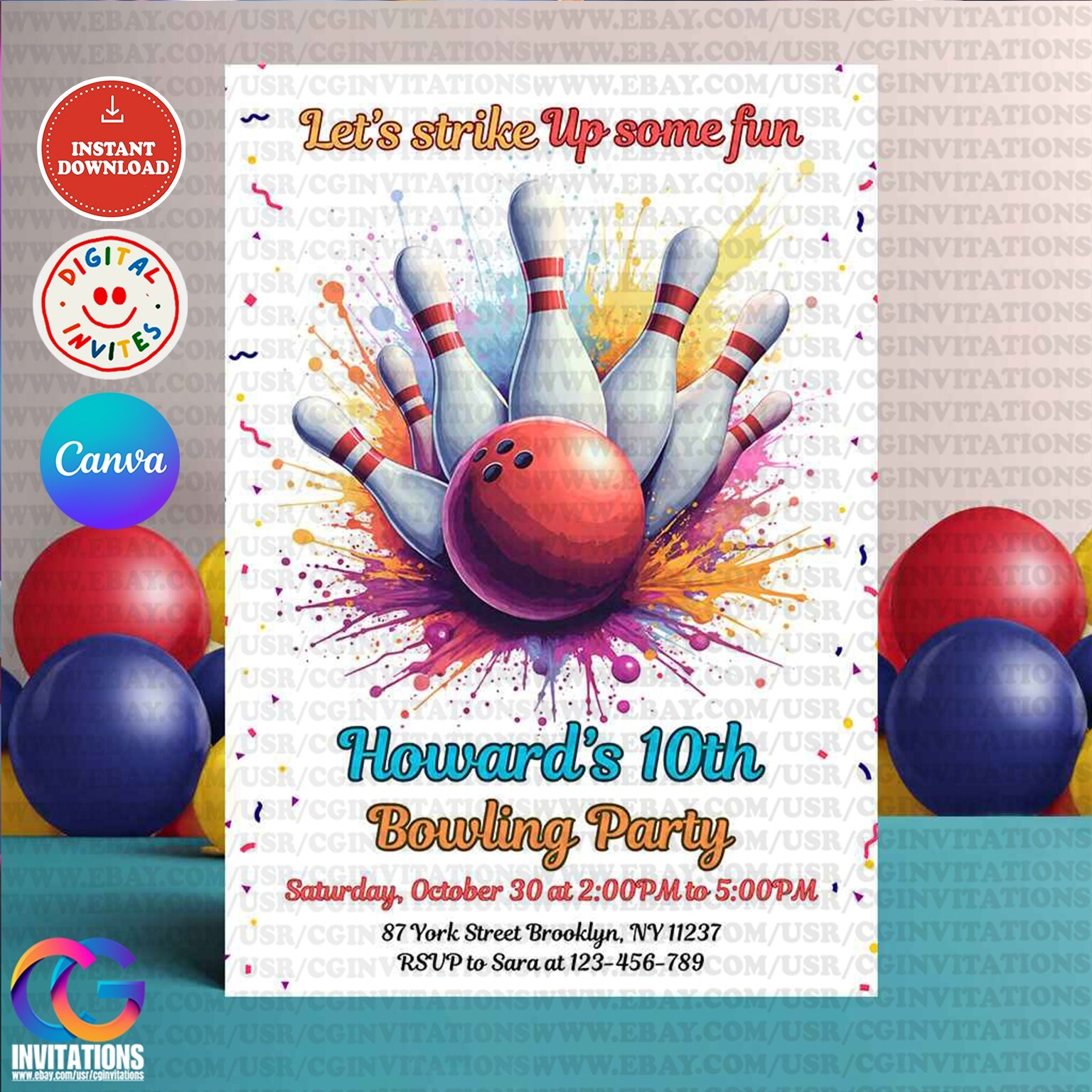 editable-bowling-birthday-party-invitation-bowling-party-invitation-template-ebay
