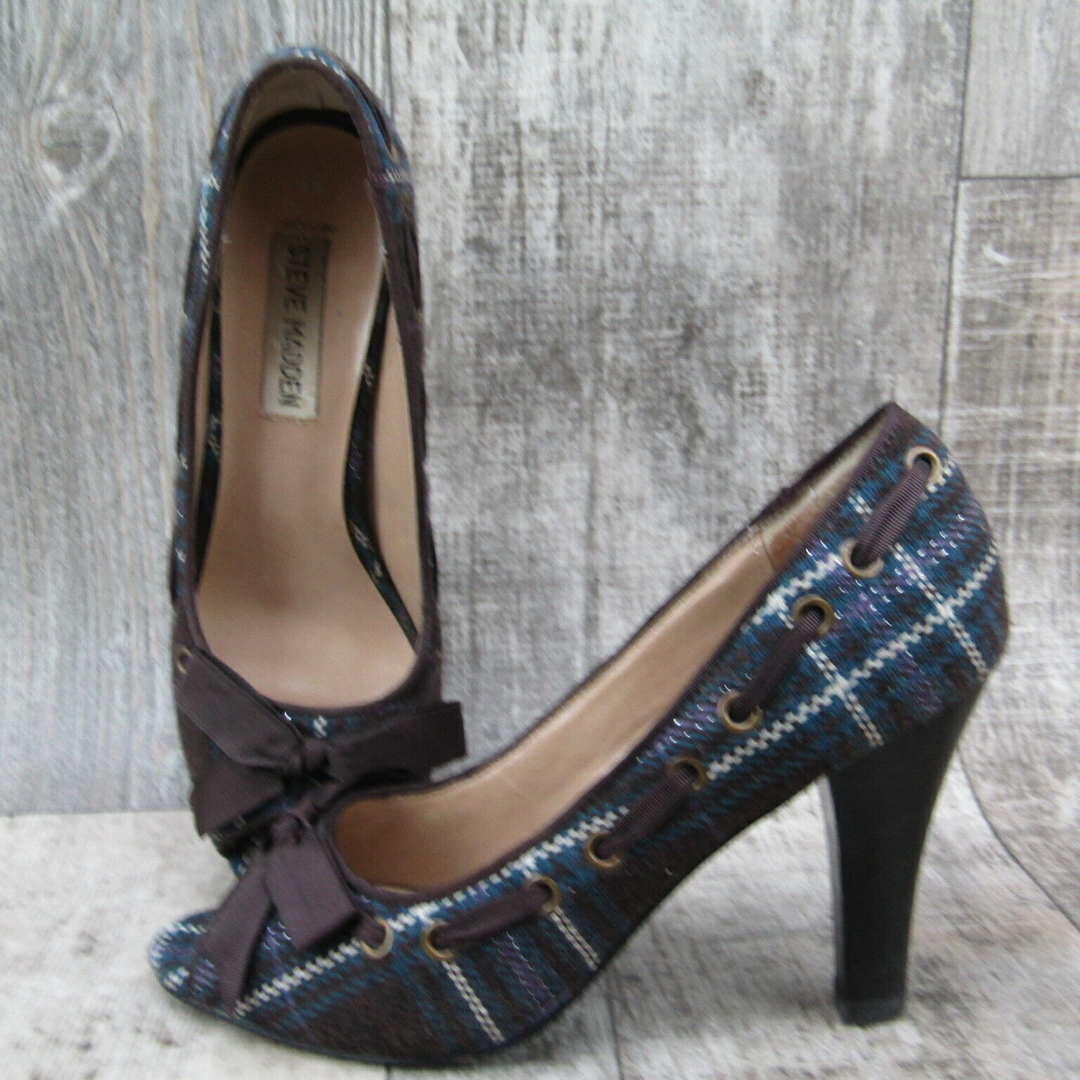 Steve Madden Ninna Peep Toe Heels 6 M Blue Black Plaid Ribbon
