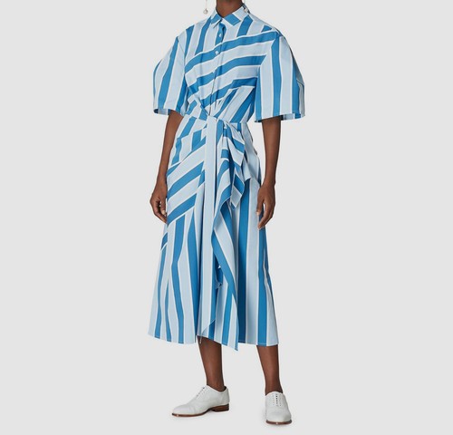 Pre-owned Carolina Herrera $1690  Womens Blue Striped Twisted Front Midi Shirt Dress Size 4