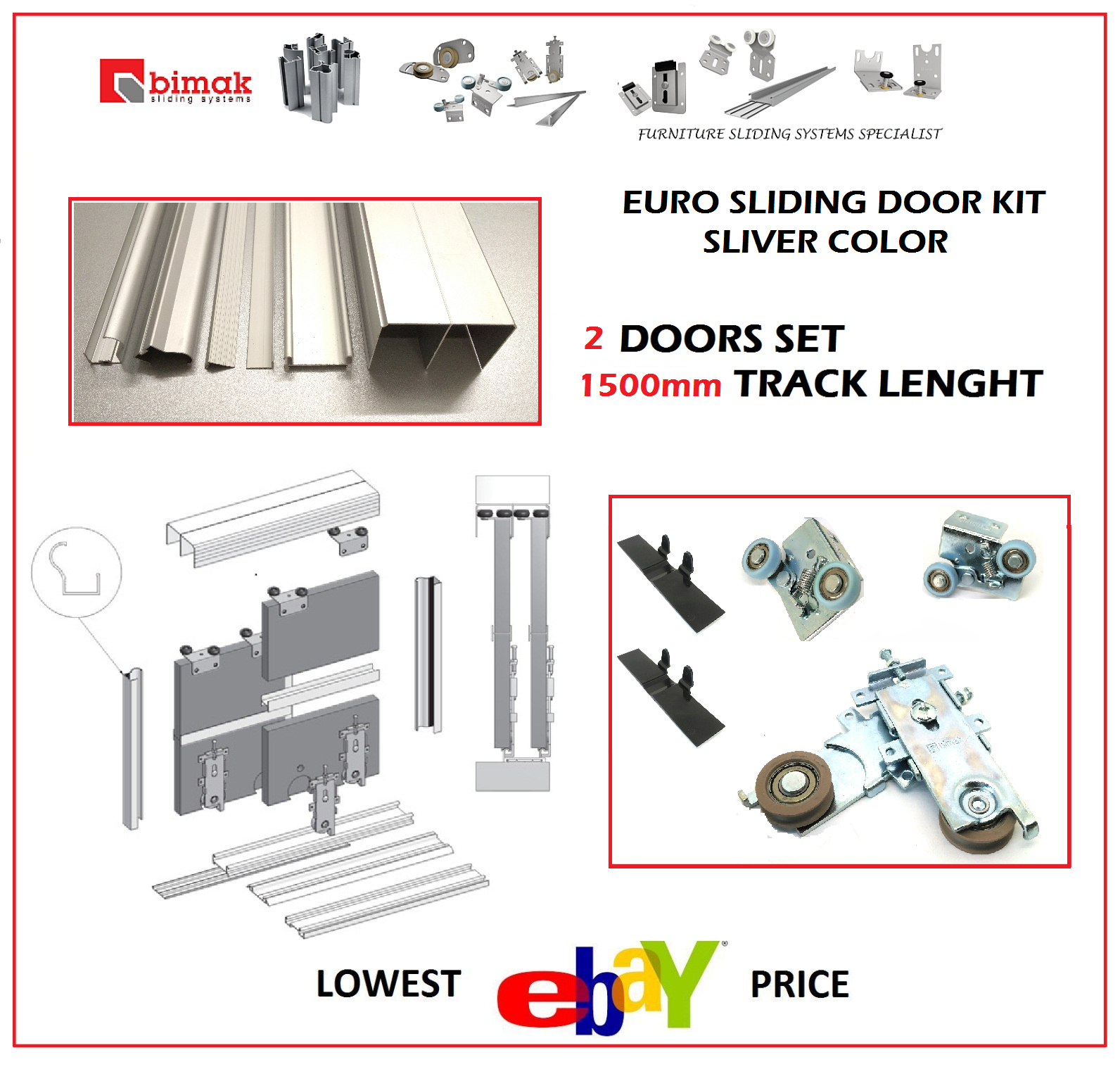 Euro 18 Bimak Sliding Wardrobe Door Gear Set For 2 Doors 1 5m