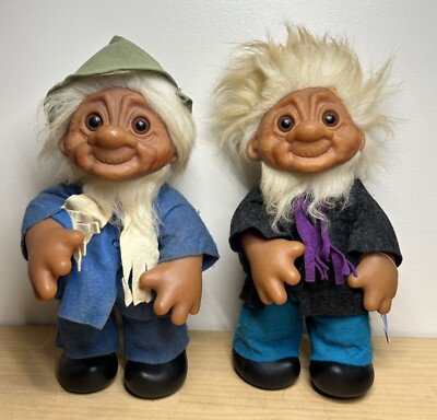 Set of  2 Dam 1977 Troll Dolls Grandpa 14  Made In Denmark White Hair & Beard