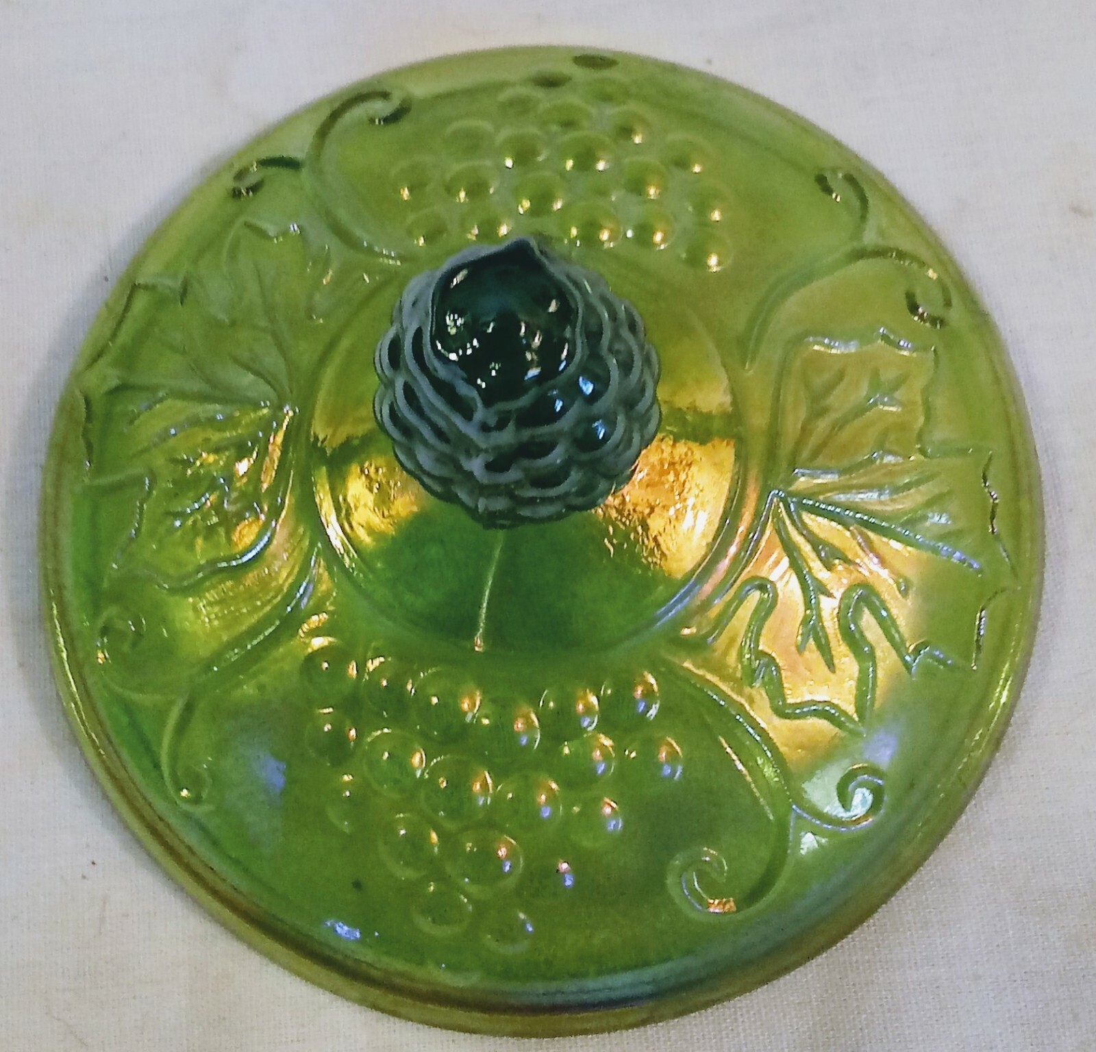 Vintage Indiana Glass Iridescent Green Harvest Grape  Candy Jar Lid