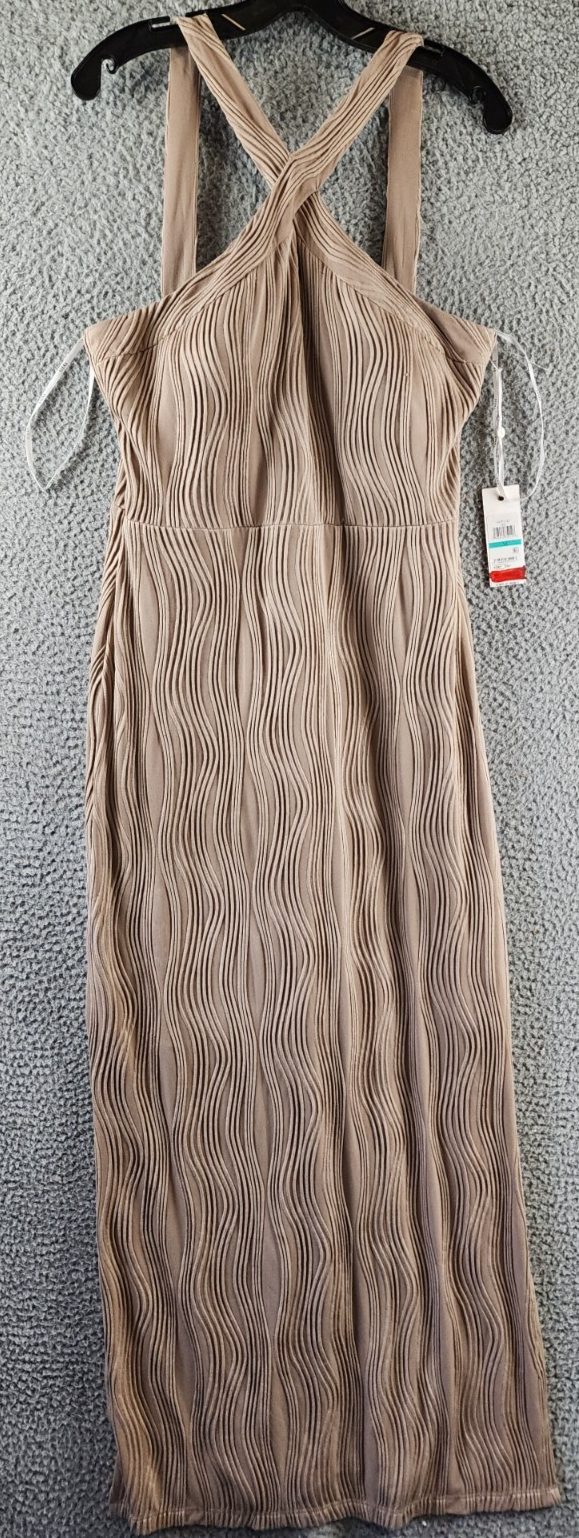 Siena Wavy-Texture Sleeveless Maxi Dress Women's 16 Taupe V-Neck Zip Closure~ - Picture 2 of 14