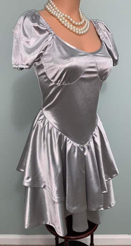 Glossy Stretch Satin Twirl Mini Dress Layered Skirt NEW XL 40 42 Puff Sleeves