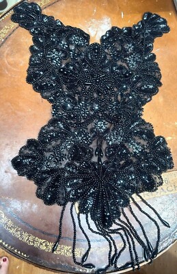 panel applique 50s beaded full front netting 1pc fringe black