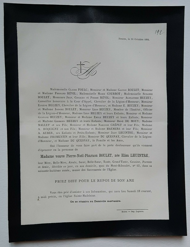 Boulet Lhuintre Faire Part Foulc Heuzey Roquigny Fromentin Revil Mallet 1884