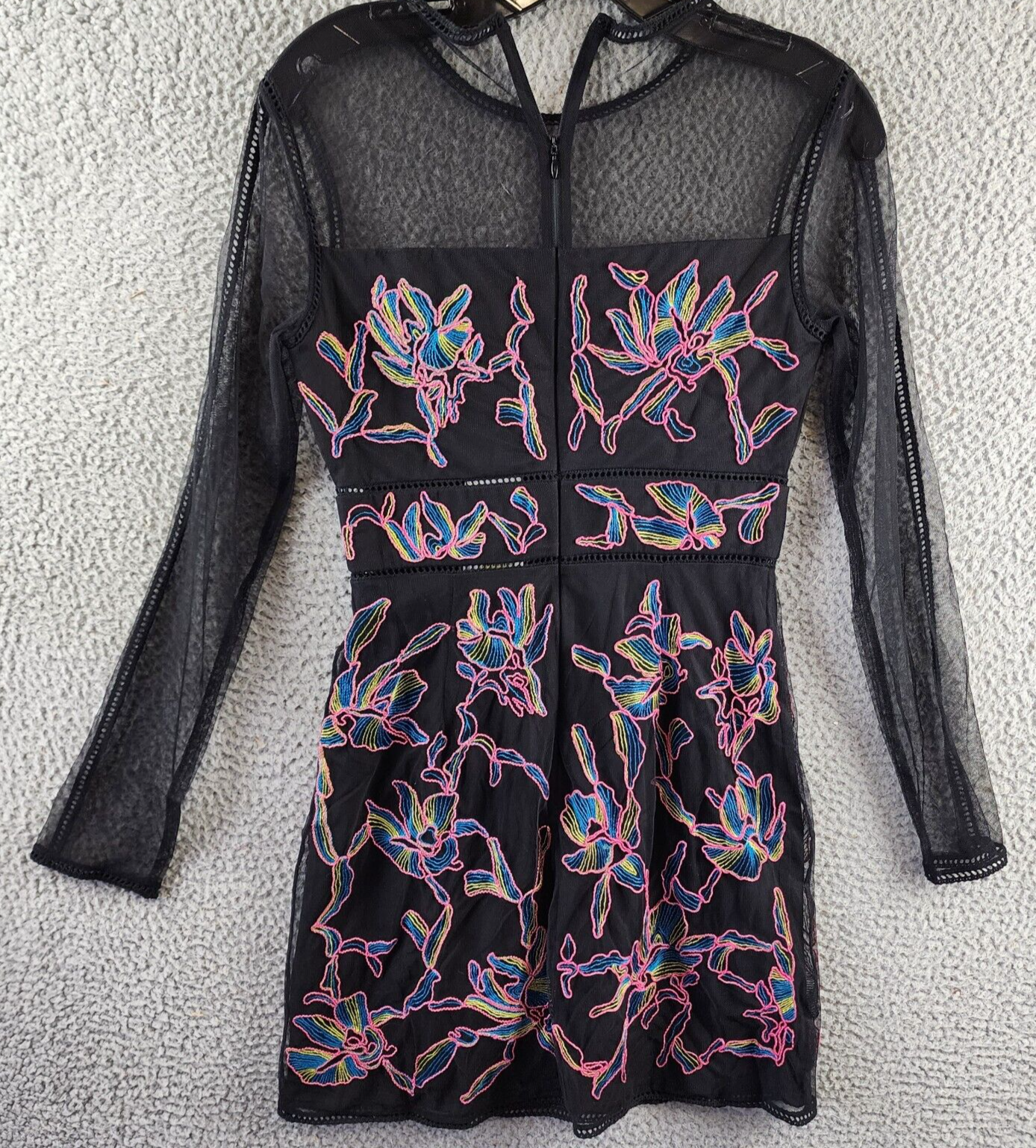 French Connection Emilia Embroidered Long-Sleeve Dress Women's 2 Blackout Zipper - Picture 12 of 14