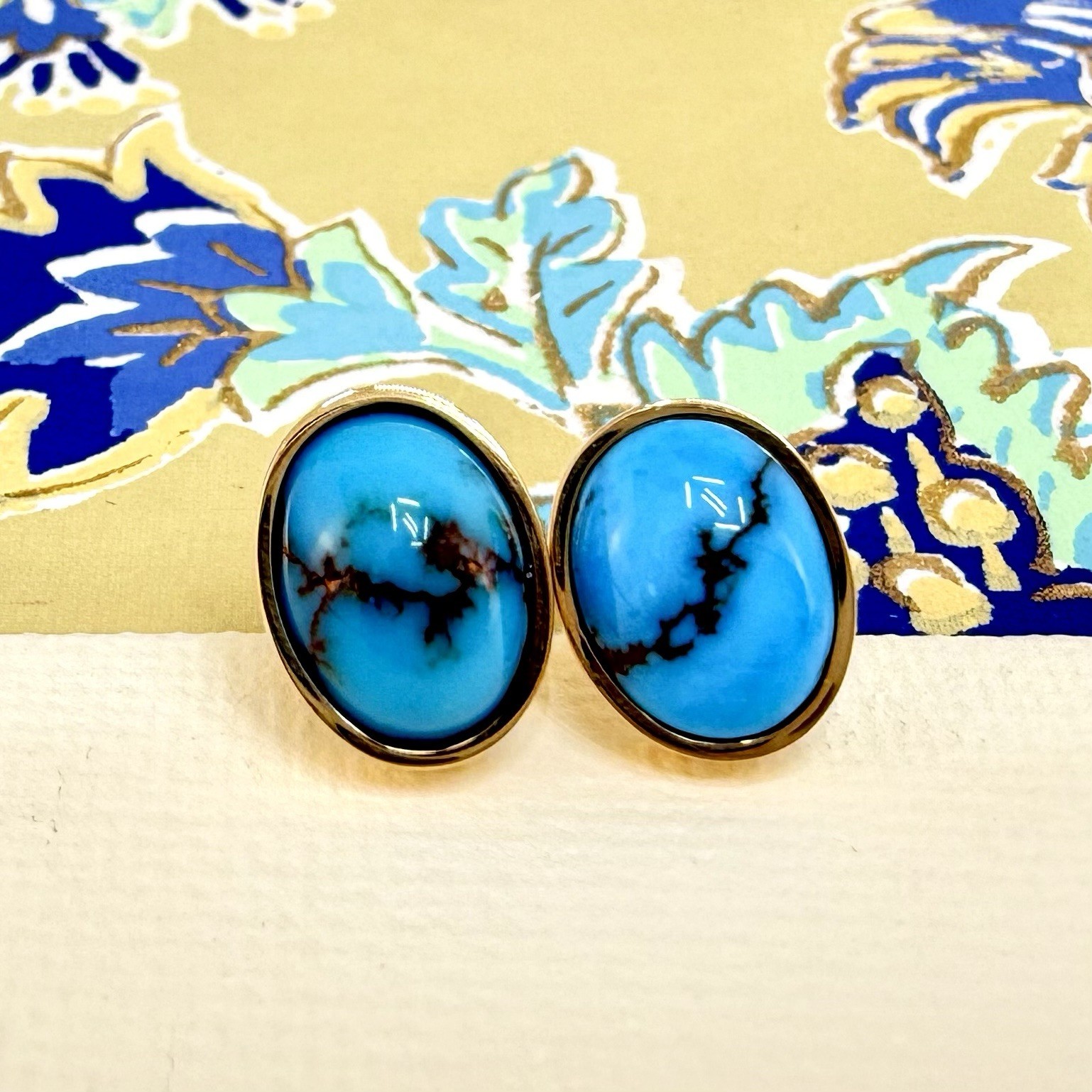 14k Yellow Gold Egyptian Turquoise Custom Made Stud Earrings, New Pair #2 - Picture 7 of 8