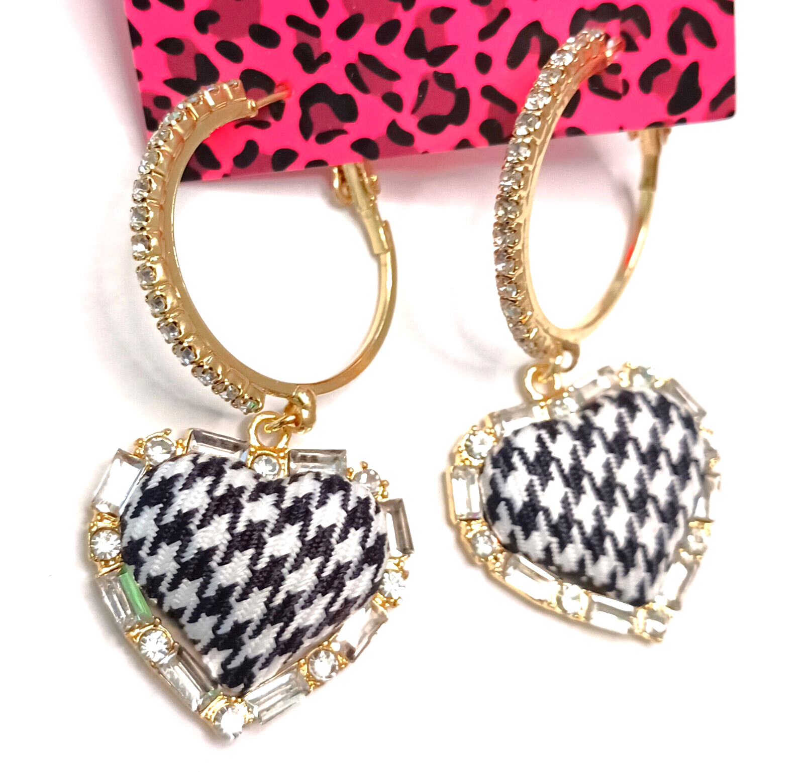 Classy HOUNDSTOOTH Black White HEART Rhinestone Betsey Johnson Dangle Earrings