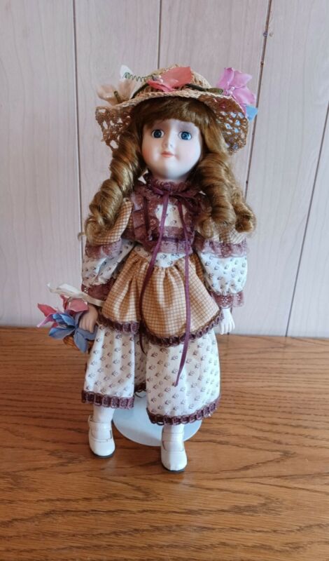 Vintage Porcelain Heritage Doll 16" With Auburn Hair & Cloth Body With Stand 
