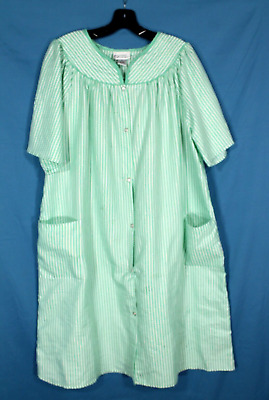 VTG COZEE CORNER Green/White STRIPED SEERSUCKER Snap LOUNGE Robe/House Dress 1X