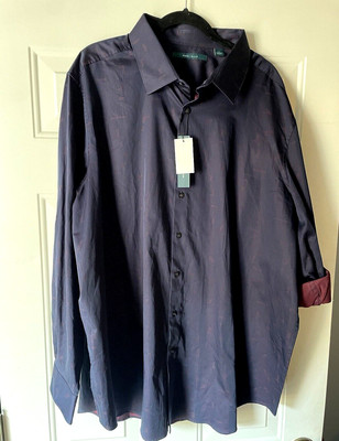 Perry Ellis 2XL 100% Cotton button-down shirt rollback sleeves navy burgundy