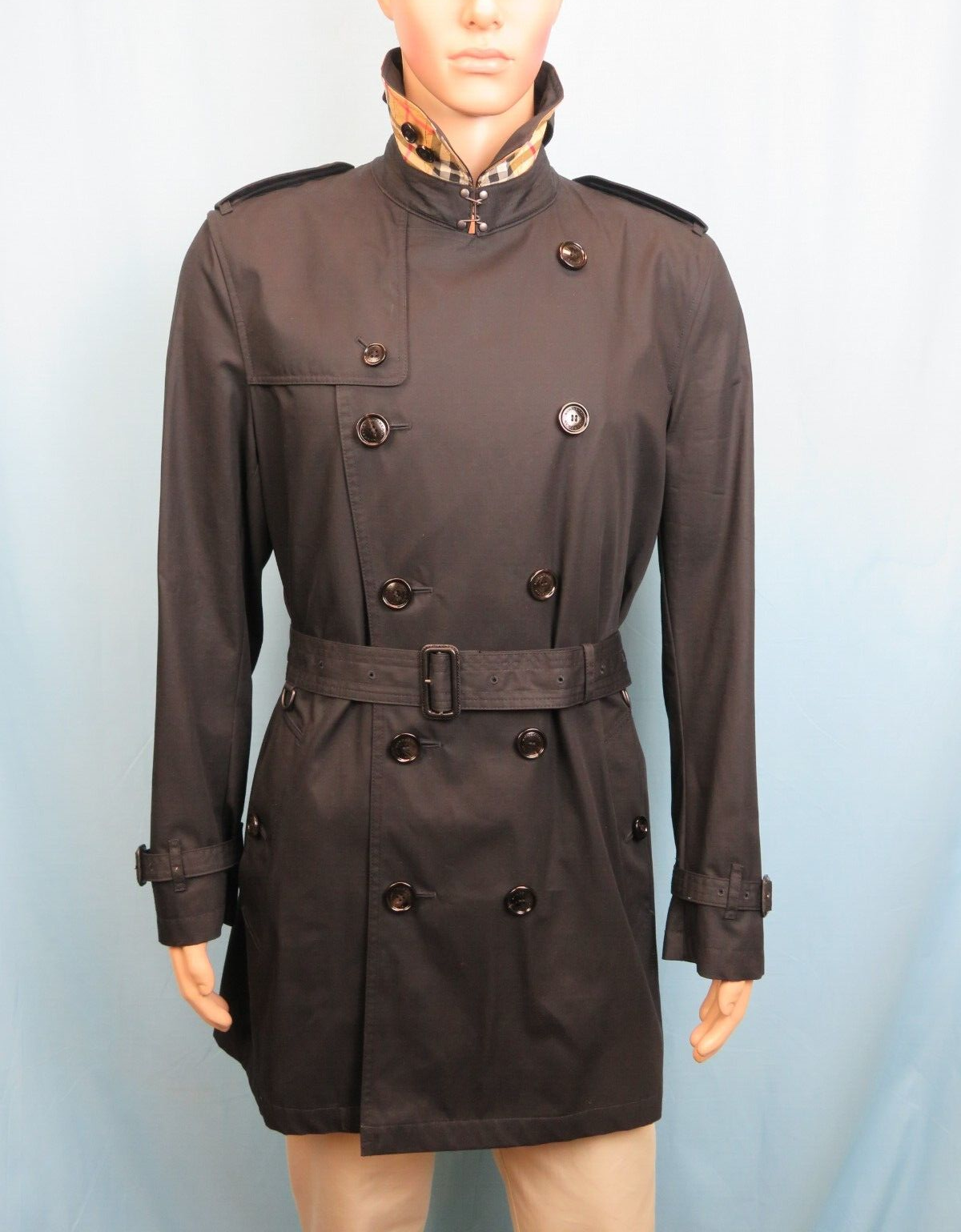 Pre-owned Burberry $2350  Britton Black Cotton Beige Check Collar Trench Coat Us 42 Eu 52