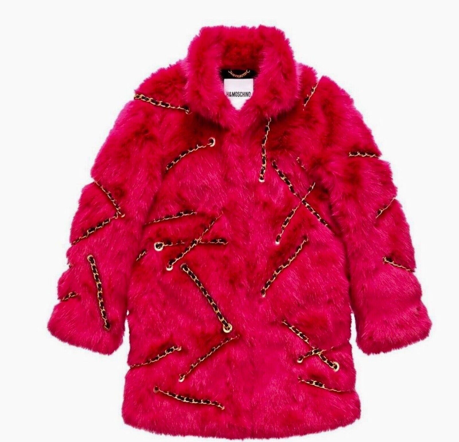 H&M X MOSCHINO Jeremy Scott pink faux fur coat with chain H&M X MOSCHINO Jeremy Scott pink faux fur coat with chain