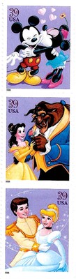 3 Mint DISNEY ROMANCE STAMPS Belle Beauty Beast, Cinderella, Mickey Minnie Mouse