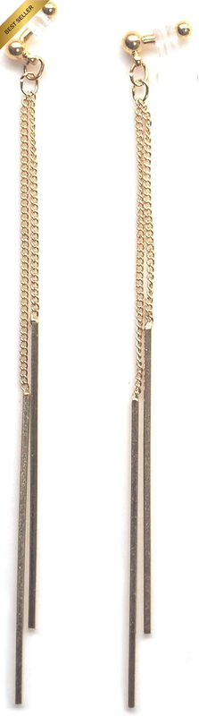 Clip On Earrings Women Dangle Gold Two Chain Bar Stick Threader Invisible Non Pi