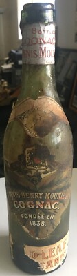 Antique Mounie Cognac Bottle 1890-1900 J Denis Henry Mounie Co Green Glass Label