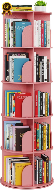 Pink 5-Tier 360-Degree Rotating Spinning Bookcase and Corner Organizer