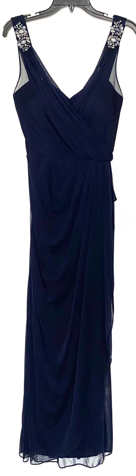 

XSCAPE Темно-синее плиссированное платье со сборками и рюшами на плечах, расшитое бисером и стразами, Синий