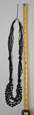 Black Glass Bead Necklace Multi Strand Knotted Torsade 34 inch + Long