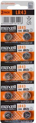 Twenty (20) Maxell Lr43 186 Alkaline 1 5v Battery Button Cell Batteries Ag12