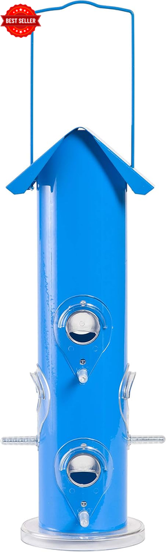 Metal Tube Bird Feeder - Blue - Small Hanging Wild Bird Feeder for the Garden -