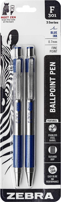 Zebra&reg; F-301 Stainless Steel Retractable Ballpoint Pens, Fi