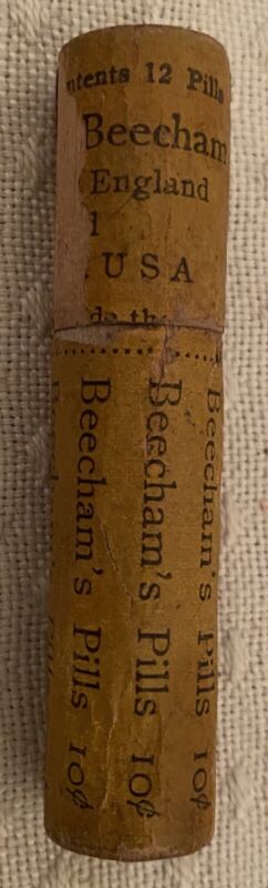 Vintage Antique Small Wooden Pill Canister Beecham’s Laxative Wigan England