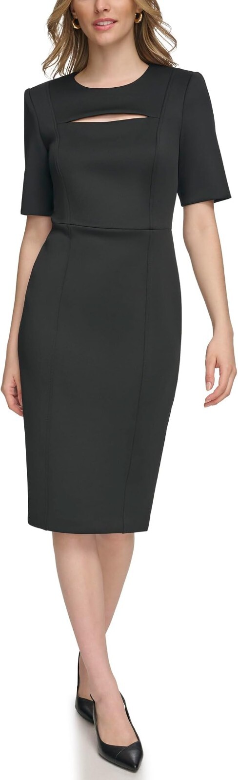 New! Calvin Klein Elegant Womens Black Scuba Short Sleeve Sheath Dress Size 4