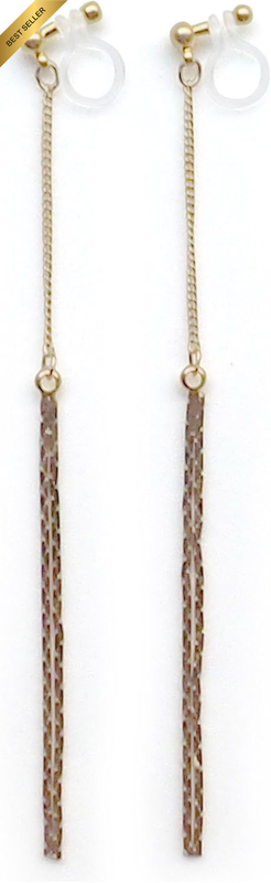 Clip On Earrings Women Dangle Gold Two Chain Threader Long Invisible Non Pierced