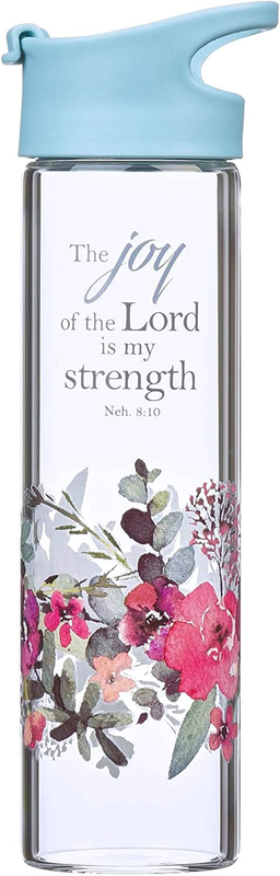 Glass Water Bottle the Joy of the Lord Nehemiah 8:10 Pink Floral, 20Oz, Light Bl