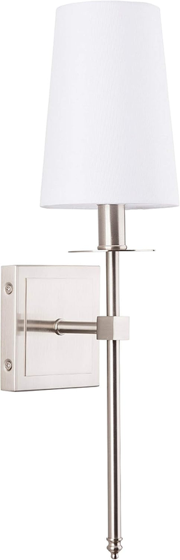 Torcia Brushed Nickel Wall Sconce Wall Lighting with White Fabric Shade Modern Bathroom Wall Sconces Bedroom Wall Lamp and Hallway Wall Light Fixtures Indoor Wall Sconce, UL Listed