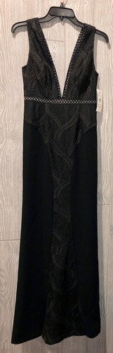 Pre-owned Aidan Mattox Black Vine Embroidered Deep V Neck Formal Long Dress Womens 2