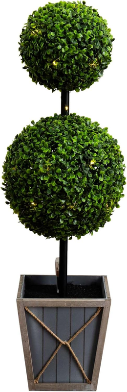 3Ft. UV Resistant Artificial Double Ball Boxwood Topiary with LED Lights in Decorative Planter (Indoor/Outdoor)