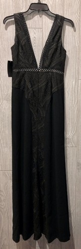 Pre-owned Aidan Mattox Black Vine Embroidered Deep V Neck Formal Long Dress Womens 2