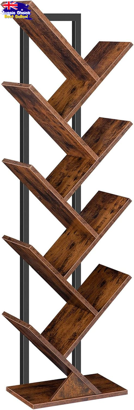 9-Tier Wooden Tree Bookshelf, Floor Standing Rack for Books & CDs, Rustic Brown