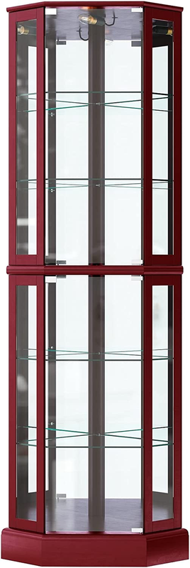 Lighted Corner Display Curio Cabinet Wooden Curved Shelving Unit with Tempered G