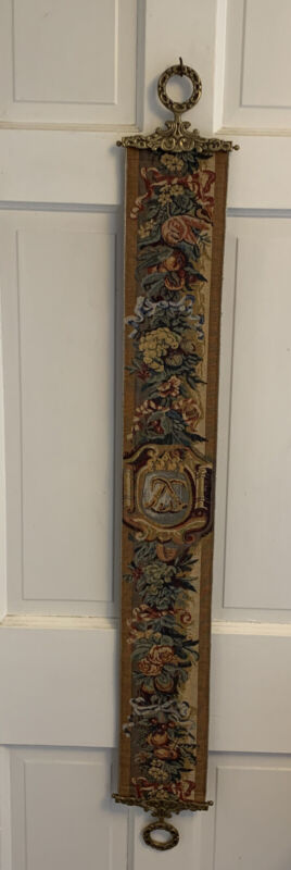 Vtg. Corona Decor Co. Wall Tapestry, Hanging Bell Pull, Textile Brass Accents 
