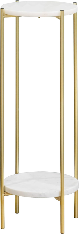 Metal round 2 Tier Small Gold Side End Table with Real Natural Marble Top Plant Stands Modern Lightweiht Bedside Coffee Table for Living Room Bedroom Small Space White…