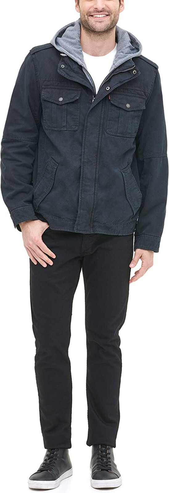 NWT Levi's Mens Washed Cotton Hooded Military Jacket, Black