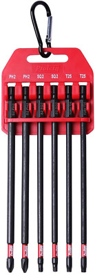 Long Impact Bit Set W/Clip, 2 Phillips, 2 Square, T25 TORX, 6-Inch Length, 6-Pcs