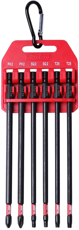 Protorq Long Impact Bit Set W/Clip, 2 Phillips, 2 Square, T25 TORX, 6-Inch Lengt