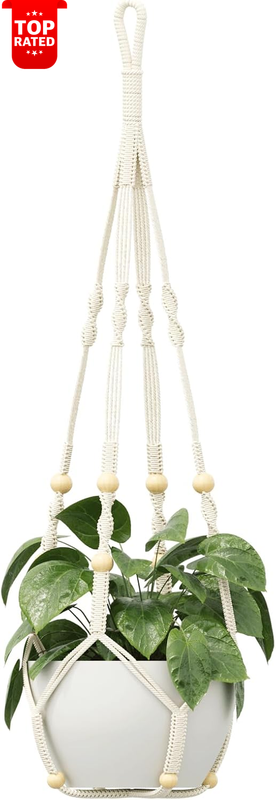 35 Inch Macrame Plant Hanger with Wood Beads Bohemian Indoor Outdoor Decor Ivory