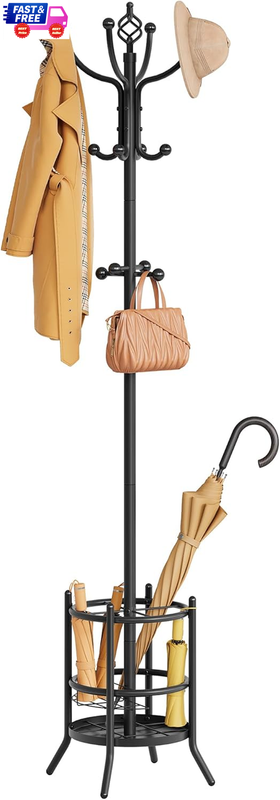 Coat Rack Stand w/ Umbrella Holder Freestanding 16-Hook Coat Tree Black