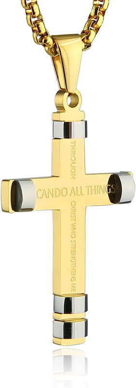 Philippians 4:13 Cross Pendant STRENGTH Bible Verse Stainless Steel Necklace 3 C