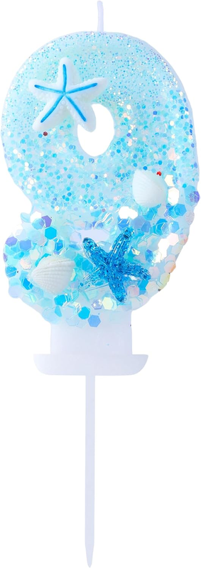 Number 9 Birthday Candle Ocean Theme - Sparkling Blue Glitter with Seashell & St