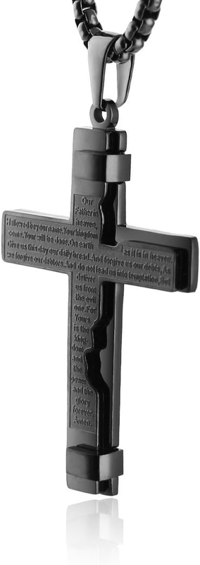 Religion Cross Lord'S Prayer Stainless Steel Pendant Necklace Rolo Cable Wheat C