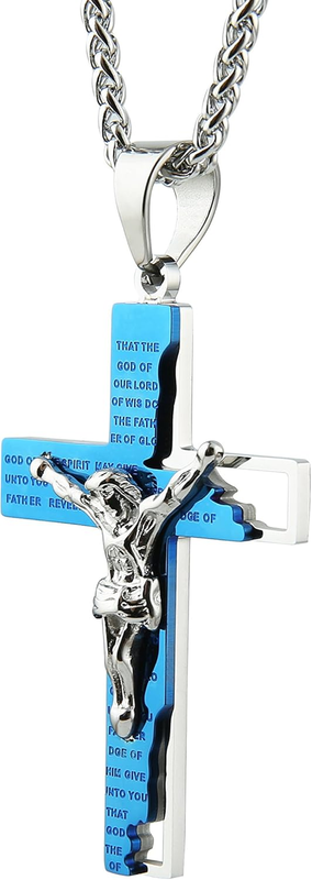 Men'S Stainless Steel Cross Crucifix Bible Prayer Pendant Necklace 22+2